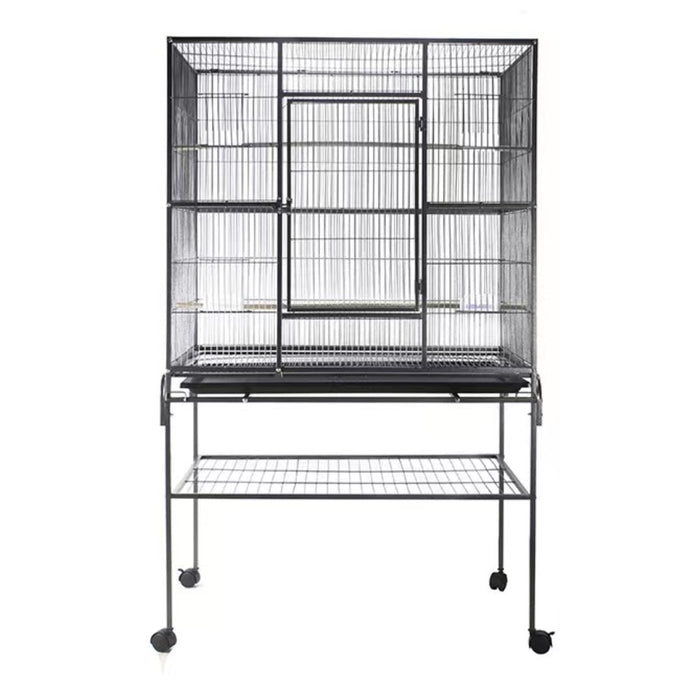 Wrought Iron 63" Bird Cage with Play Top and Rolling Stand Black - New York Bird Supply