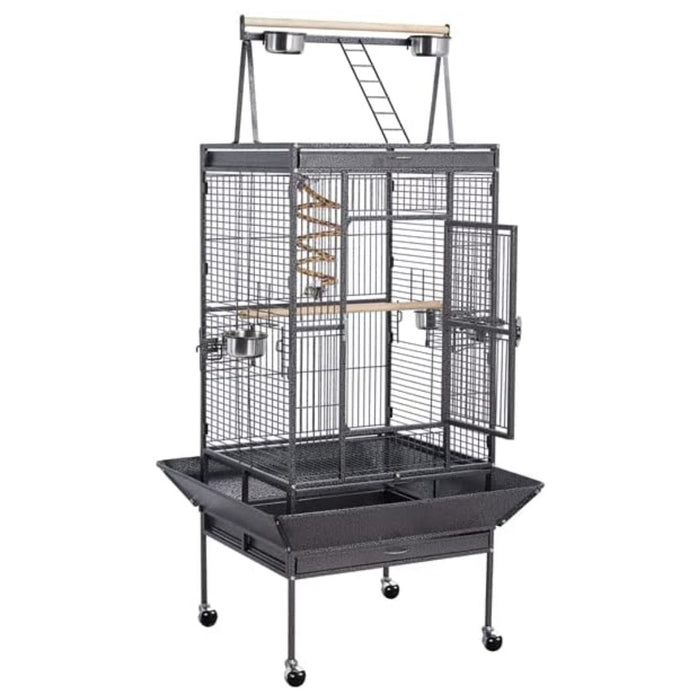 Wrought Iron 68" Bird Cage with Play Top and Rolling Stand Black - New York Bird Supply